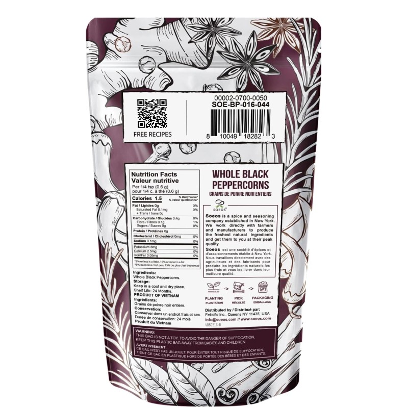 Unknown Soeos Whole Black Peppercorns 16oz Non-GMO Kosher Grinder Refill