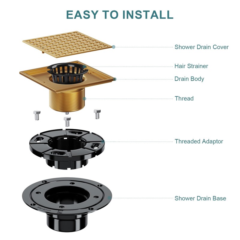 Yaseingoo 4-1/4" Square Shower Drain Kit - Champagne Bronze 304