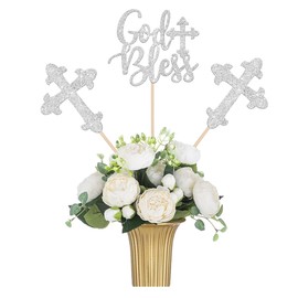 ZHUOWEISM 12 PCS God Bless and Baptism Centerpiece Sticks Cross Table Flower Centerpieces Sticks God Bless Floral Decorations for Christian First Communion Baptism Party Centerpieces Silver