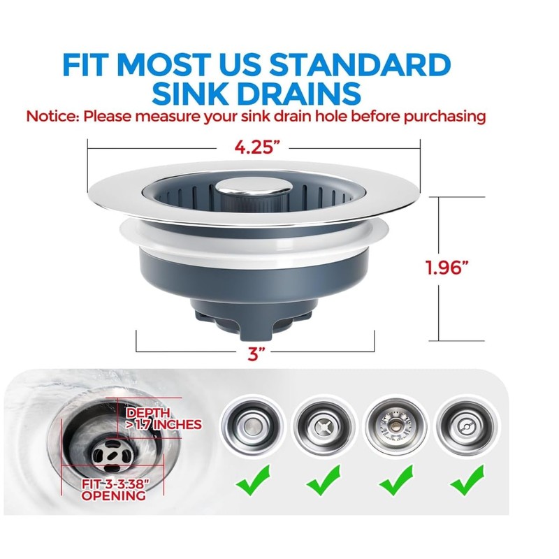 2 Pack 304Sink Drain Strainer - Sink Stopper, 3-in-1 Kitchen