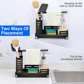 Sink Caddy, Sponge Holder for Kitchen Sink, Multifunctional Caddy Soap Brush Dishcloth Storage, 304 Stainless Steel Organizer with Safety Bar & Removable Drain Pan