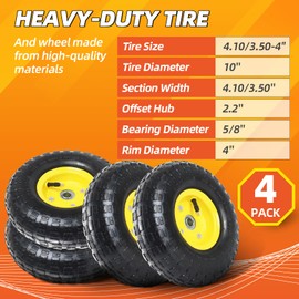 (4 Pack) AR-PRO 4.10/3.50-4" All Purpose Utility Air Tires and yellow Wheel - with 10" Inner Tube, 5/8" Axle Bore Hole, 2.2" Offset Hub and Double Sealed Bearings for Hand Trucks and Gorilla Cart