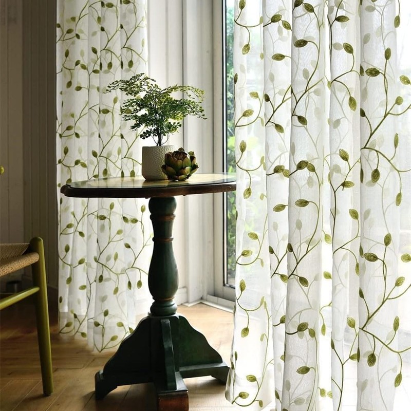 TIYANA Leaf Pattern Lace Curtains, Light Green Ivy Leaves, Set