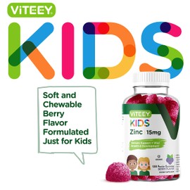 Viteey Zinc for Kids Gummies 15mg - Immune Support for Kids & Teens - Powerful Natural Antioxidant, Kids Zinc Vitamin Supplement - Vegan, Gelatin Free, Gluten Free - Tasty Chewable Berry Flavor Gummy