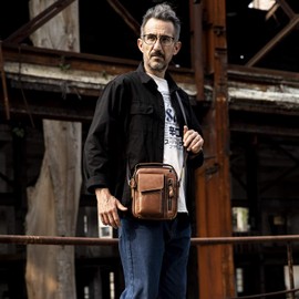 MANNUOSI Men's Shoulder Bags Leisure Fashion Genuine Leather Crossbody Bag, Brown2, Minimal