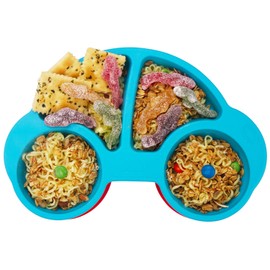 Baby Plate Silicone Suction Toddler Plates, Divided Dishes for Toddler Kids, Self Feeding, BPA Free, Microwave & Dishwasher Safe (Car-Blue)