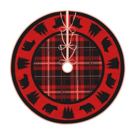 DKJlitter Christmas Tree Skirt, Black Bear Red and Black Cabin Plaid Faux Linen Xmas Tree Mat, for Xmas Home Holiday Indoor Outdoor Decors 48"