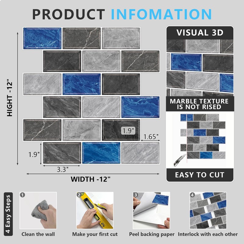 URCOLOR 10-Sheet backsplash Peel and Stick for Kitchen Wall, 12"x12"