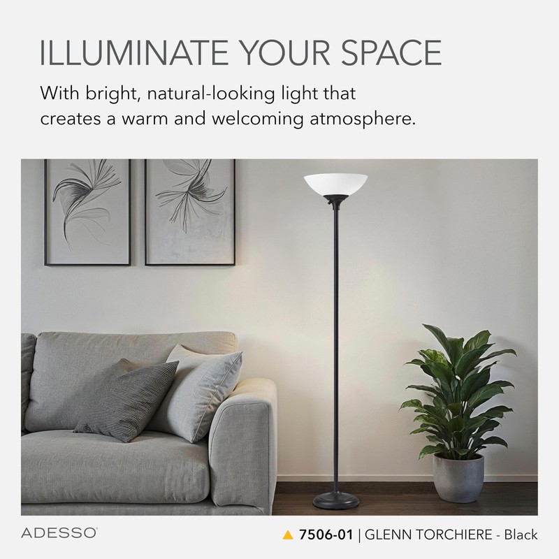 Adesso Black Torchiere Floor Lamp with Frosted White Shade –