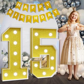 imprsv Marquee Numbers Gold 15th-Birthday Decorations: Large 3ft Light Up Number 15 Birthday Decoration for Boy Girl Fifteen Year Old Birthday Decor Party Backdrop Anniversary Big Mosaic Number 15
