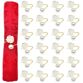 Davifina Flower Pearl Napkin Rings Set of 24 Wedding Napkin Holder for Valentine's Day Christmas Thanksgiving Dinning Table Decoration(White)