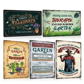 ZDFDC Set of 5 Metal Signs Garden 20 x 30 cm – Vintage Garden Signs with Sayings Funny – Garden Rules – Herzlich Welcome – Weatherproof Metal Sign Decorative Gift for Gardeners Garden Gate