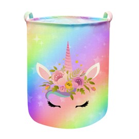 Unicorn Laundry Basket Hamper Large Sized Round Storage Basket Waterproof Bin Collapsible Laundry Basket for Girls Room Organizer, Bedroom Nursery Playroom Clothes (43.3L Cute Unicorn Laundry)