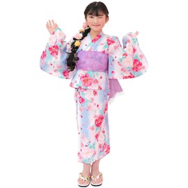 Bee saa01400 Yukata 3-Piece Set, Kids, Girls, Summer, Easy, Separate Type, Festivals, Fireworks Display, Lily, Ribbon, Camellia, Polka Dots, Cat, peony