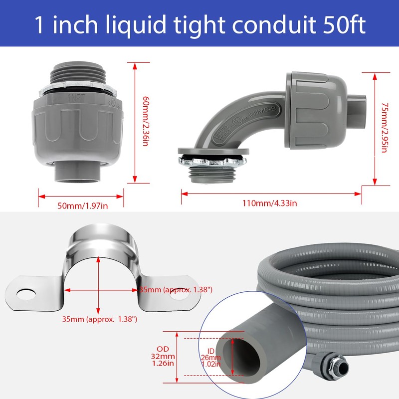 1 Inch 50 FT Non-Metallic Liquid-Tight Conduit Connector Kit, Flexible