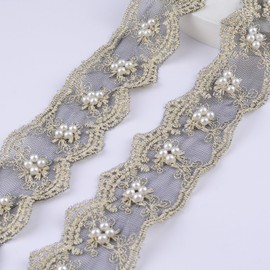 URROMA Lace Trim, 2Yds Ethnic Style Gold Embroidery Lace with Nail Bead Gold Thread Black Mesh Clothing Decoration Trim DIY Lamp Wedding Decors