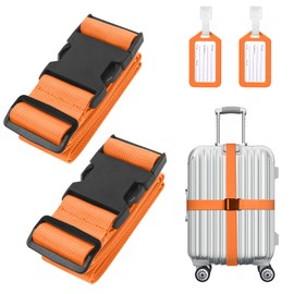 Flintronic 2 Pcs Luggage Straps with Luggage Tags, Adjustable Packing Belts for Suitcases Security Non-Slip Travel Belt Travel Accessories（Orange）