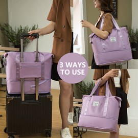 Crazy Bean Sports Bag Foldable Large Travel Bag for Women Travel Duffel Bag Weekender Waterproof Hand Luggage Bag with Wet Compartment for Sports Travel, purple