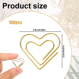 100pcs Gold Heart Paper Clips, Cute Love Shaped Decorative Metal Binder Paperclips for Office School Notes Documents Wedding Decor Crafts & Stationery (Large)