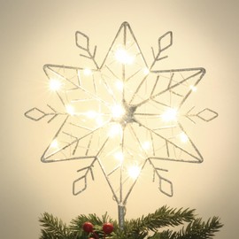 Christmas Tree Topper, PHITRIC 10 Inches Lighted Silver Snow Tree Topper, 20 LED Lights Silver Glitter Powder Tree Toppers Christmas Decorations, Battery Powered Timer Xmas Treetop Star Decor