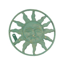 Verdigris Green Finish Cast Iron Sun Face Decorative Wall Mounted Garden Hose Hanger - 12 Inches in Diameter - Simple Installation -75 Foot Capacity Hose Holder