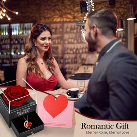 Preserved Real Rose Box with Austrian Crystal Necklace,Eternal Red Rose with 925 Sterling Silver Love Heart Gemstone Pendant,Ruby Birthstone Jewelry,Enchanted Flower Garnet Necklace Gift for Women