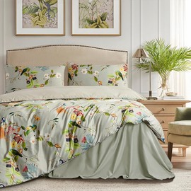 mixinni Duvet Cover Queen Size Set Floral Leaves Pattern Cotton Bird Printed Bedding Duvet Covet Set with Zipper Ties, Perfect for Him and Her, Easy Care, Soft and Breathable-(3pcs, Queen Size)