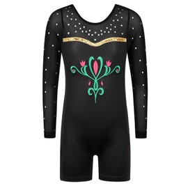 ZNYUNE One-pieceGirls Gymnastic Long Sleeve Leotards Sparkle Dancing Athletic Ballet Unitards for 3-12 Years B217 BlackFlower 130