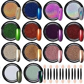 14 latas de polvo de uñas metálico cromado Polvo de uñas holográfico efecto espejo y 14 sombras de ojos en barra Set Polvo de uñas holográfico cromado Polvo de uñas efecto espejo