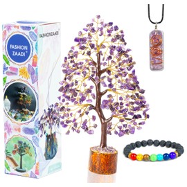 FASHIONZAADI Amethyst Gemstone Tree with Amethyst Pipe Pendant Necklace & Seven Chakra Bracelet for Reiki Healing Crystal Balancing Stone Money Tree of Life and Stylish Jewellery Set