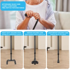 Adjustable Walking Cane for Women ＆ Men with 4-Pronged Base for Extra Stability, Foam Padded Offset Handle for Soft Grip, Foldable Cane for Seniors for Stability with 3 Different Cane Tips