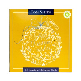 Tom Smith - Premium square Christmas cards, multi-pack, white & gold design, Christmas card, envelope & seal sticker set, plastic card box with 12 cards