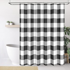 Tititex Classic Buffalo Plaid 140gsm Faux Linen Fabric Shower Curtain, White Black Buffalo Check Grid Shower Curtain Sets Decoration 72x72 Inch with Hooks