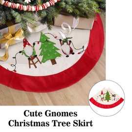 Burlap Christmas Tree Skirt, 32 Inch Soft Red Edge Tree Mat with Gnomes & String Lights Xmas Tree Skirt Christmas Holiday Decorations for Home Party Indoor