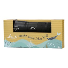 Butzon & Bercker LED Flashlight - Jesus Makes My Life Bright. Black Outdoor Kids Torch with 3 Light Functions (Bright Light, Flashing, SOS Light) with Carabiner Hook & Loop Strap