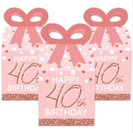 Big Dot of Happiness 40th Pink Rose Gold Birthday - Square Favor Gift Boxes - Happy Birthday Party Bow Boxes - Set of 12