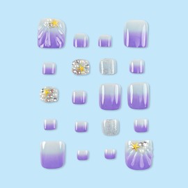 White Purple Gradient Press on Toenails Stars Pearl Designs Glitter False Toenails Summer Glossy Fake Toe Nails Bling Acrylic Toenails Full Cover Glue on Toe Nails for Women Nail Accessories 24 Pcs