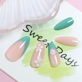 Press on Nails Medium Almond Shape-Glossy Full Cover Acrylic Pointed Almond Green French False Nails with Floral Designs Artificial Almond Fake Nails Glue ons Nails Stick on Fingernails for Women