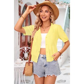 Arach&Cloz Womens Cardigans Summer 2024 Cropped Lightweight Short Sleeve Bolero Shrugs Sweater Cozy Clouds Yellow XL