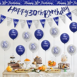 Mens 30th Birthday Decorations - Blue, Silver, Navy, Happy 30th by Wonsta