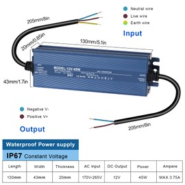 LED Transformer 12 V 45 W 3.75 A, IP67 Waterproof LED Transformer 12 V 45 W, Transformer 230 V to 12 V, Power Supply 12 V, Not Dimmable, No Flicker, No Noise, LED Driver 12 V for CCTV MR16 G4 MR11
