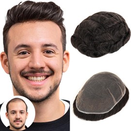 BEEOS Skinlike Real HD Lace Toupee Hair for Men, 8x10 Inch Full Lace Mens Hair Piece #1B10 Natural Black with 10% Grey Mens Toupee