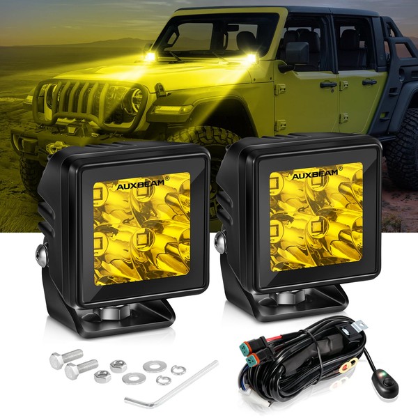 Auxbeam LED Pod Light, 2 Inch Amber Fog Light Offroad Cube Light Pods Focusing Spotlights, 4000LM Yellow Spot Beam Auxiliary Driving Ditch Work Lights for Auto Truck Car Jeep
