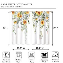 oolygoo Eucalyptus Botanical Leaves Yellow Sunflower Floral Kitchen Window Curtains Flower Plant Small Window Treatment Sage Green Cafe Short Curtains for Bathroom Treatment Tier Drapes 27.9x39 inch