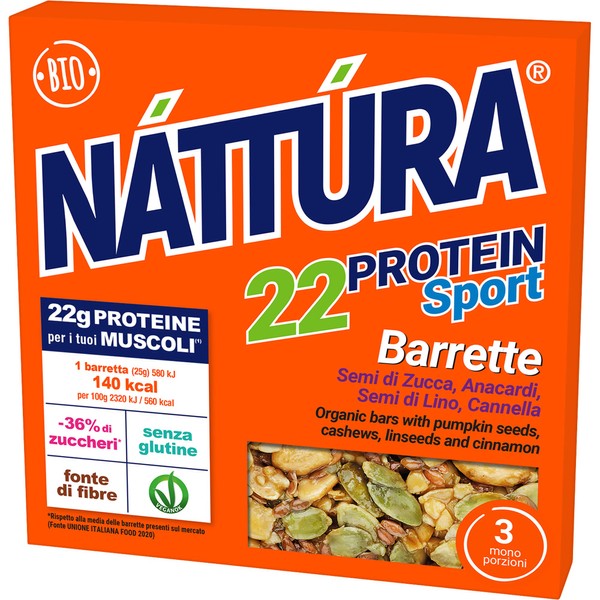 NATTURA Protein Sport Cashew Bar with Pumpkin Seeds, Flax and Cinnamon, Organic Bars, Gluten Free Protein Bars, 22% Protein, 3 Bars of 25 g