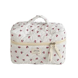 Hemasa Cherry Makeup Bag Women's Cosmetic Bags Fashion Portable Cute Cosmetic Travel Storage Pouch Handbag Cotton Quilted Zipper Purse (Color 1)