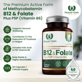 Royal Oak Health Royal Oak Health Vitamin B12 & Methyl Folate Supplement with P5P Vitamin B6 (60 Capsules / 2 Month Supply) Active Form 400g l-Methylfolate Folic Acid, Vitamin B6, B9 & B12 Vitality Formula. UK Made