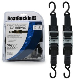BoatBuckle F14207 Transom Boat Tie Down Straps to Trailer, 2-In x 4-Ft, 2-Pack, 2500lbs Break Strength Each, Heavy Duty Ratchet Straps Transom Tie-Downs, Zinc-coated Steel Ratchet & Rubberized S-Hooks