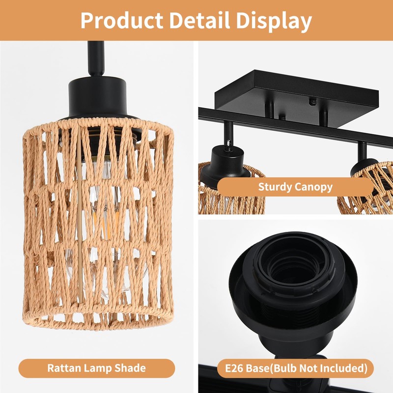 4 Light E26 Track Lighting Fixtures Ceiling Rattan Farmhouse Boho