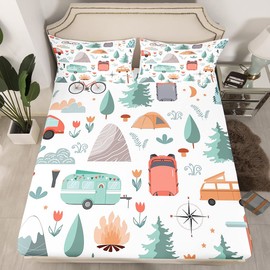Kids Camper Theme Bed Sheets Set Full 4Pcs, Happy Camping Bedding Set, Travel Car Rv Accessories Sheets, Botanical Flowers Mountain Adventure Top Sheet, Cute Camper Flat Fitted Sheet Bedroom Decor